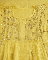 Premium Mulchanderi 3 PC Semi stitched Tunic, Dupatta & Bottom in Kamdani work-Yellow Gharana