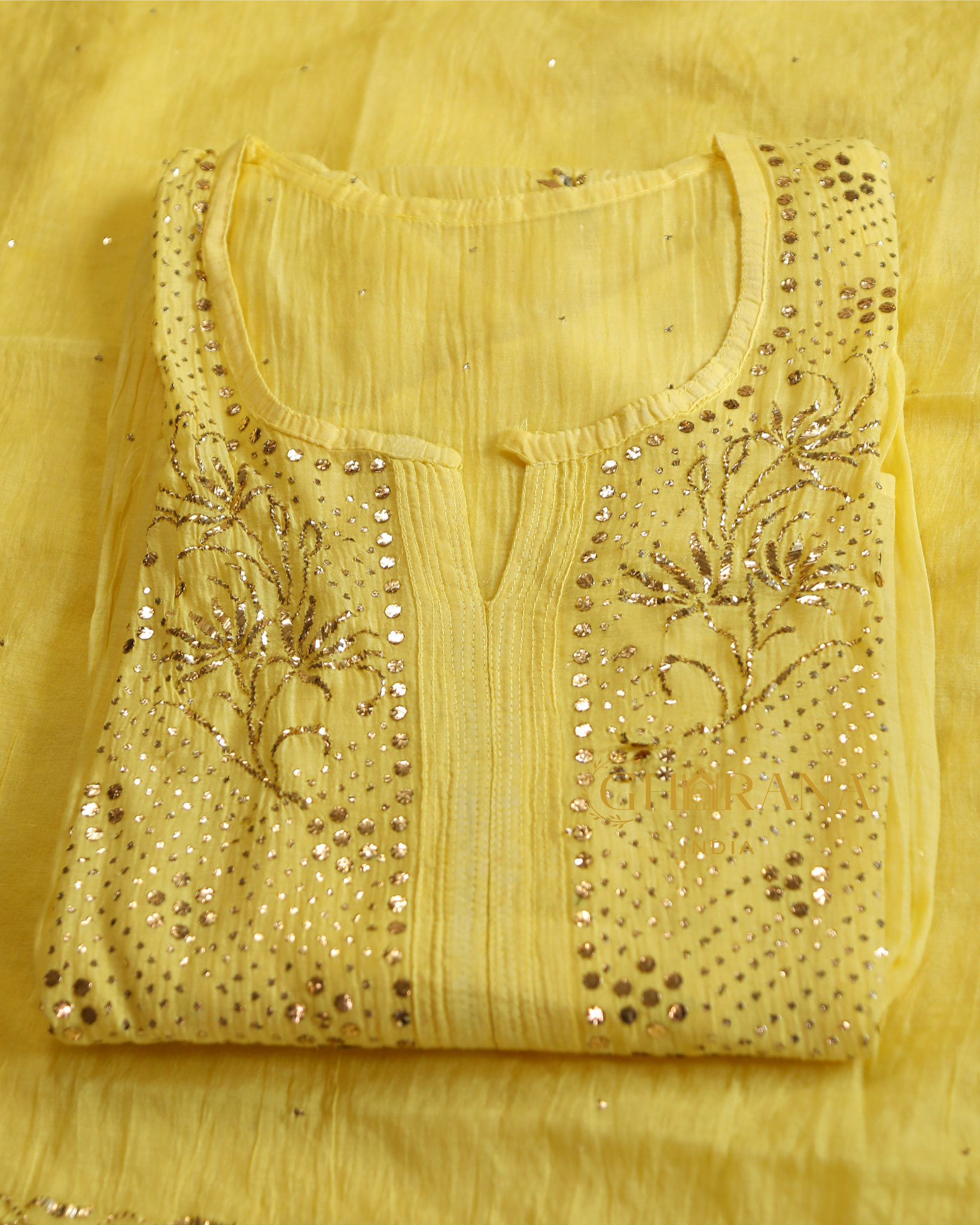 Premium Mulchanderi 3 PC Semi stitched Tunic, Dupatta & Bottom in Kamdani work-Yellow Gharana