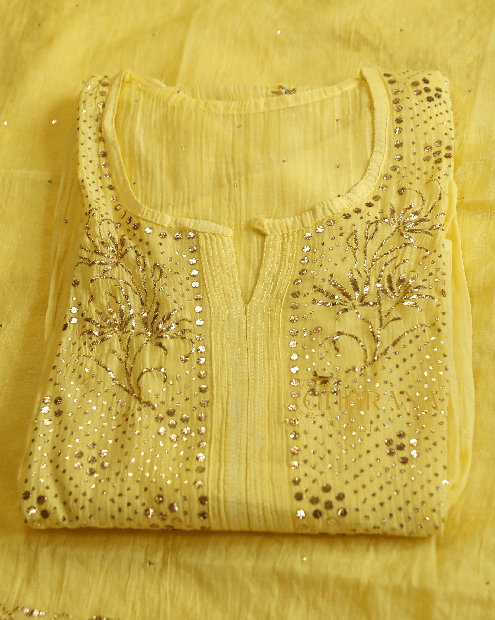 Premium Mulchanderi 3 PC Semi stitched Tunic, Dupatta & Bottom in Kamdani work-Yellow Gharana