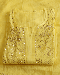 Premium Mulchanderi 3 PC Semi stitched Tunic, Dupatta & Bottom in Kamdani work-Yellow Gharana