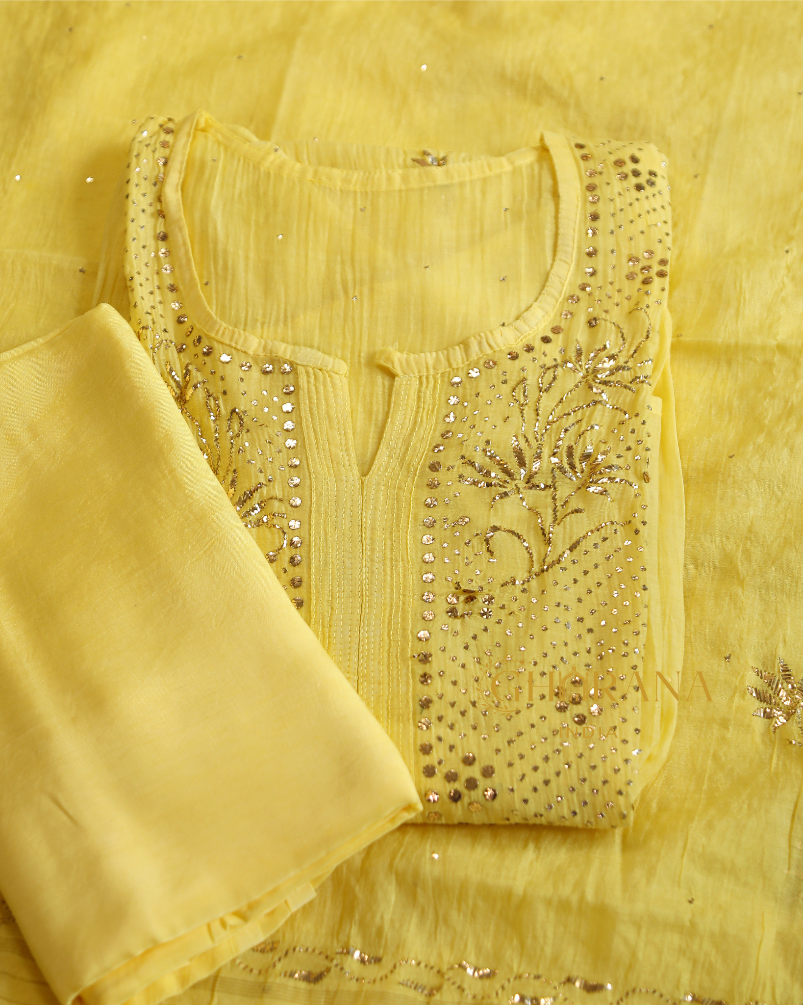Premium Mulchanderi 3 PC Semi stitched Tunic, Dupatta & Bottom in Kamdani work-Yellow Gharana