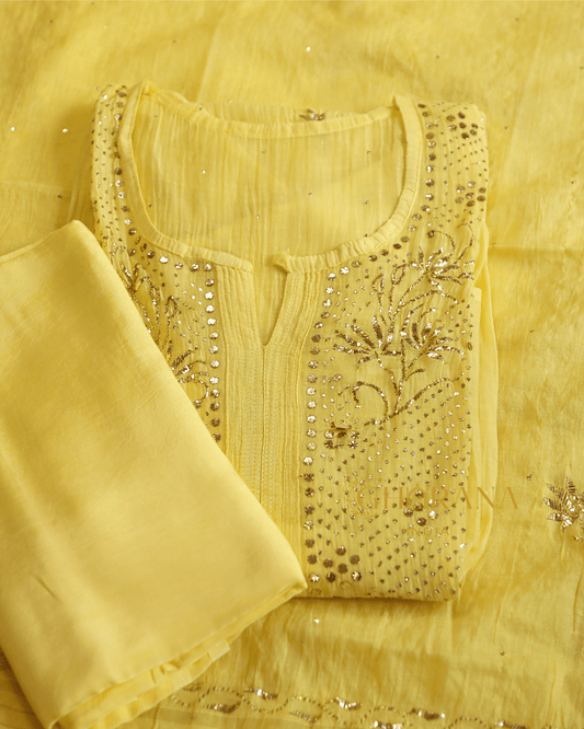 Premium Mulchanderi 3 PC Semi stitched Tunic, Dupatta & Bottom in Kamdani work-Yellow Gharana