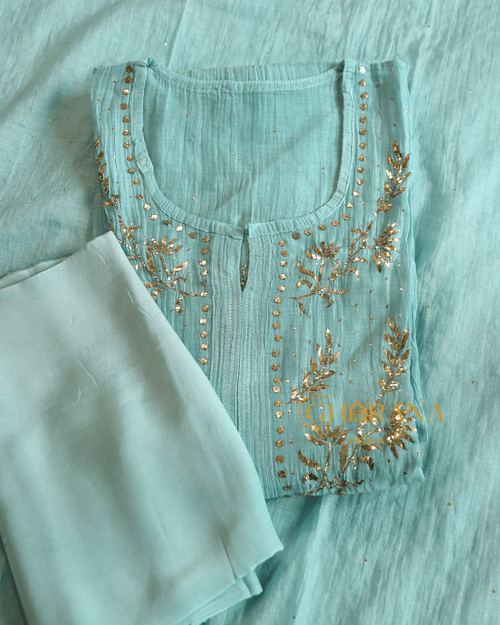 Premium Mulchanderi 3 PC Semi stitched Tunic, Dupatta & Bottom in Kamdani work-Sea Green Gharana