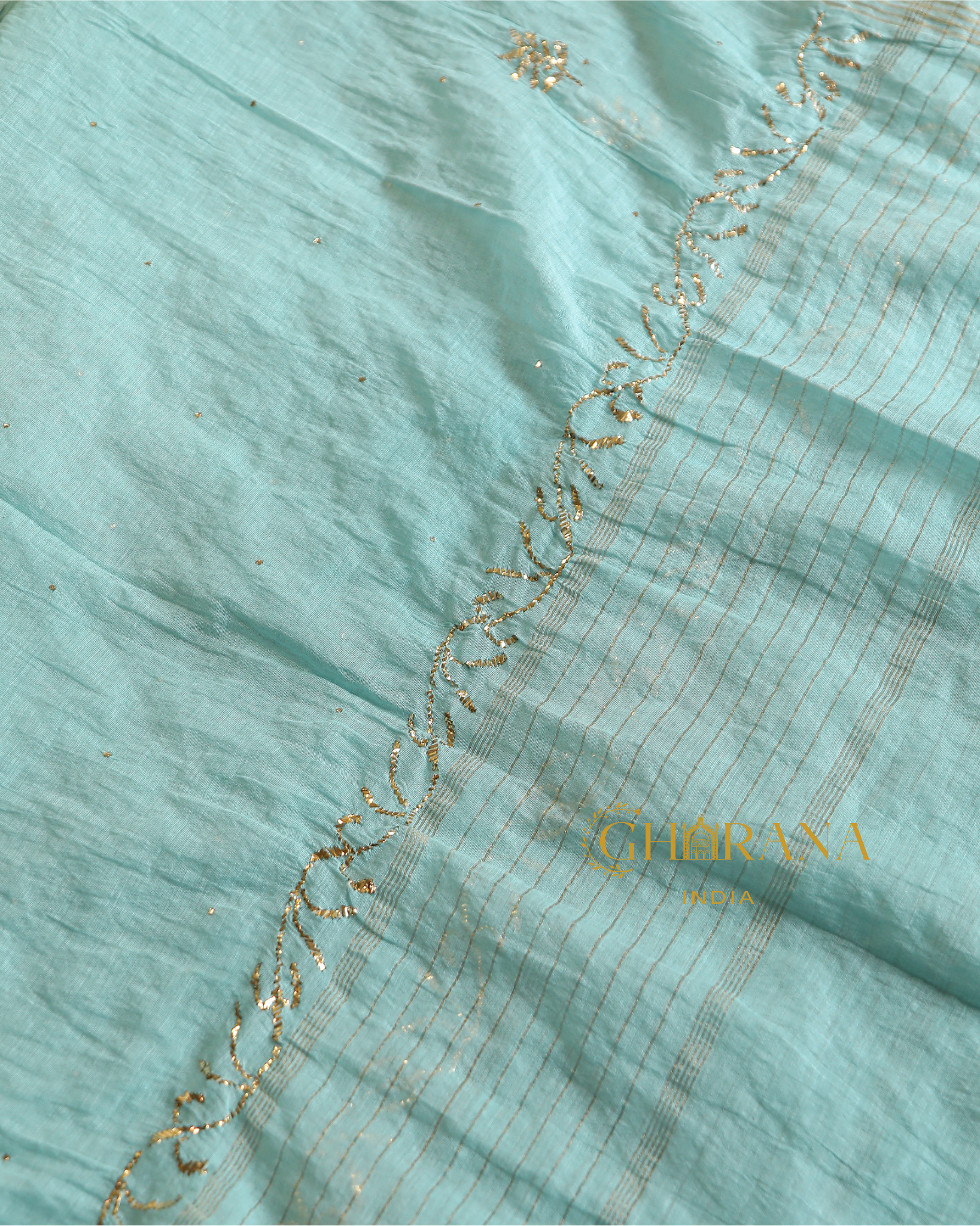 Premium Mulchanderi 3 PC Semi stitched Tunic, Dupatta & Bottom in Kamdani work-Sea Green Gharana
