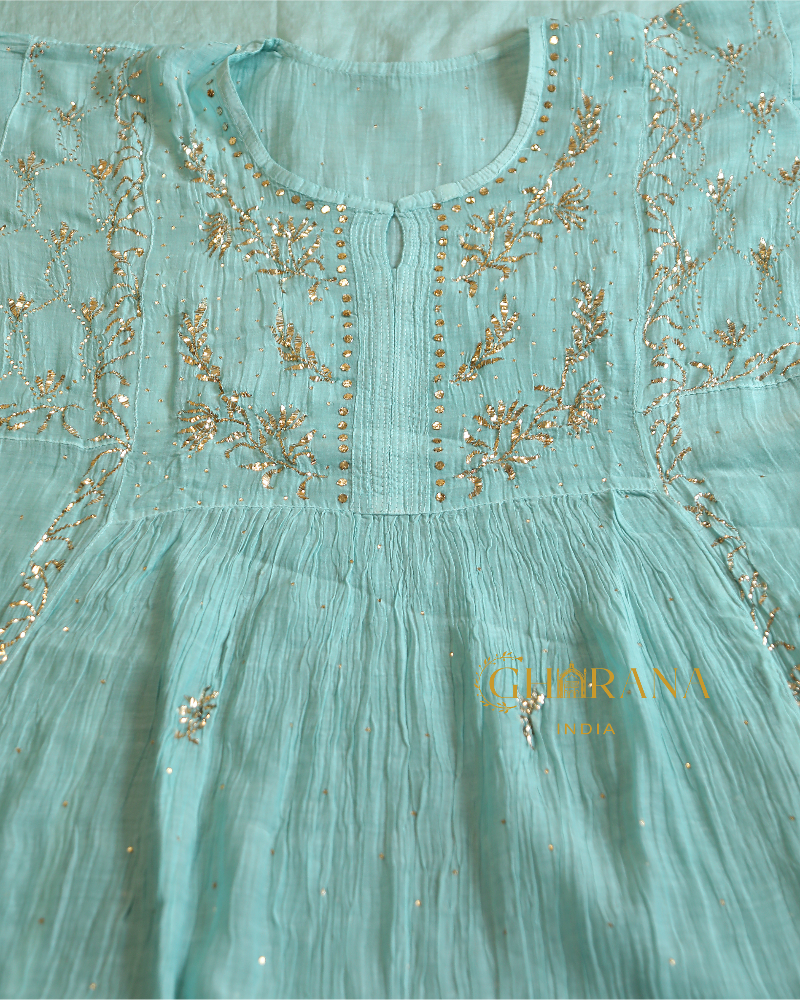 Premium Mulchanderi 3 PC Semi stitched Tunic, Dupatta & Bottom in Kamdani work-Sea Green Gharana