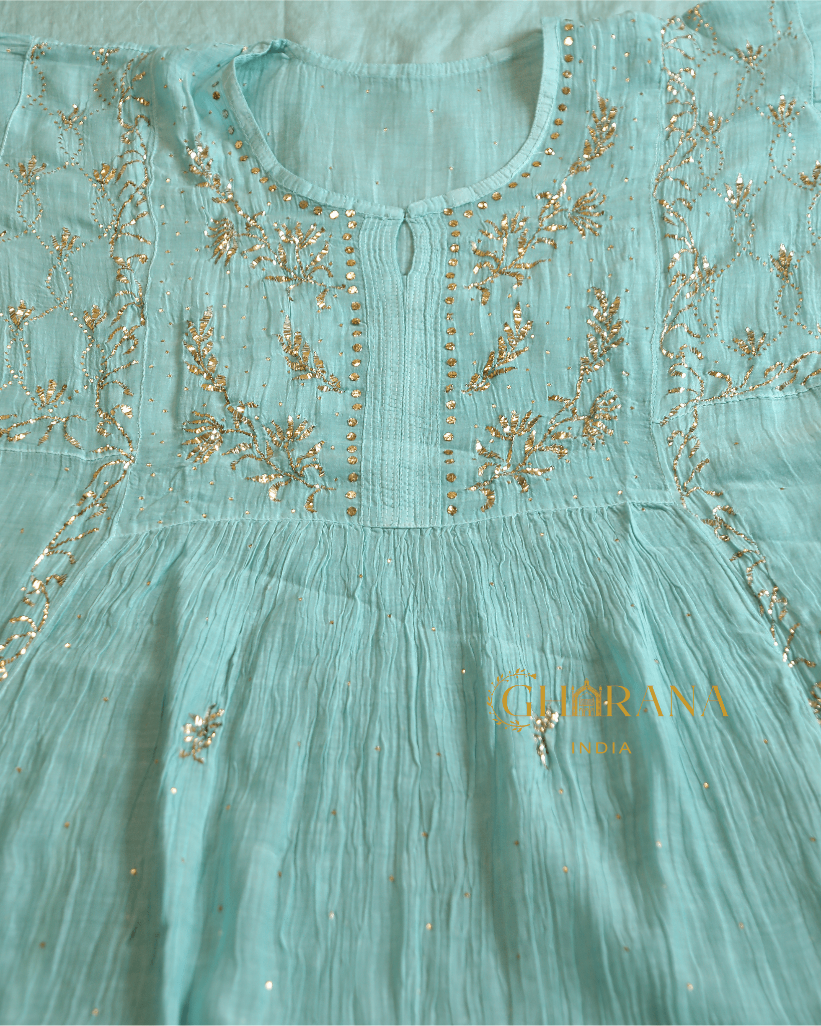 Premium Mulchanderi 3 PC Semi stitched Tunic, Dupatta & Bottom in Kamdani work-Sea Green Gharana