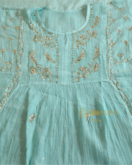 Premium Mulchanderi 3 PC Semi stitched Tunic, Dupatta & Bottom in Kamdani work-Sea Green Gharana
