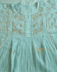 Premium Mulchanderi 3 PC Semi stitched Tunic, Dupatta & Bottom in Kamdani work-Sea Green Gharana