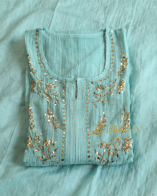 Premium Mulchanderi 3 PC Semi stitched Tunic, Dupatta & Bottom in Kamdani work-Sea Green Gharana