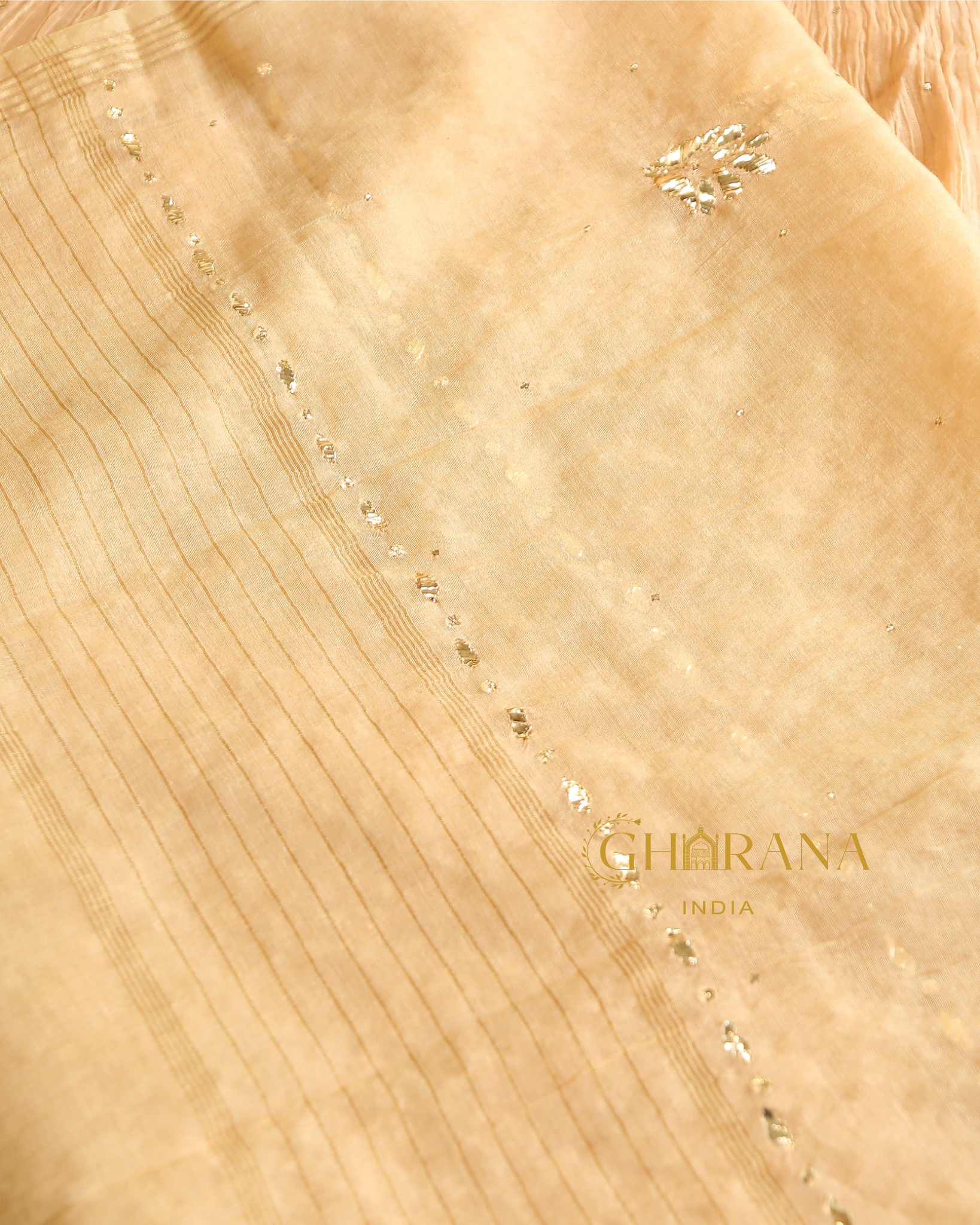 Premium Mulchanderi 3 PC Semi stitched Tunic, Dupatta & Bottom in Kamdani work-Light Beige Gharana