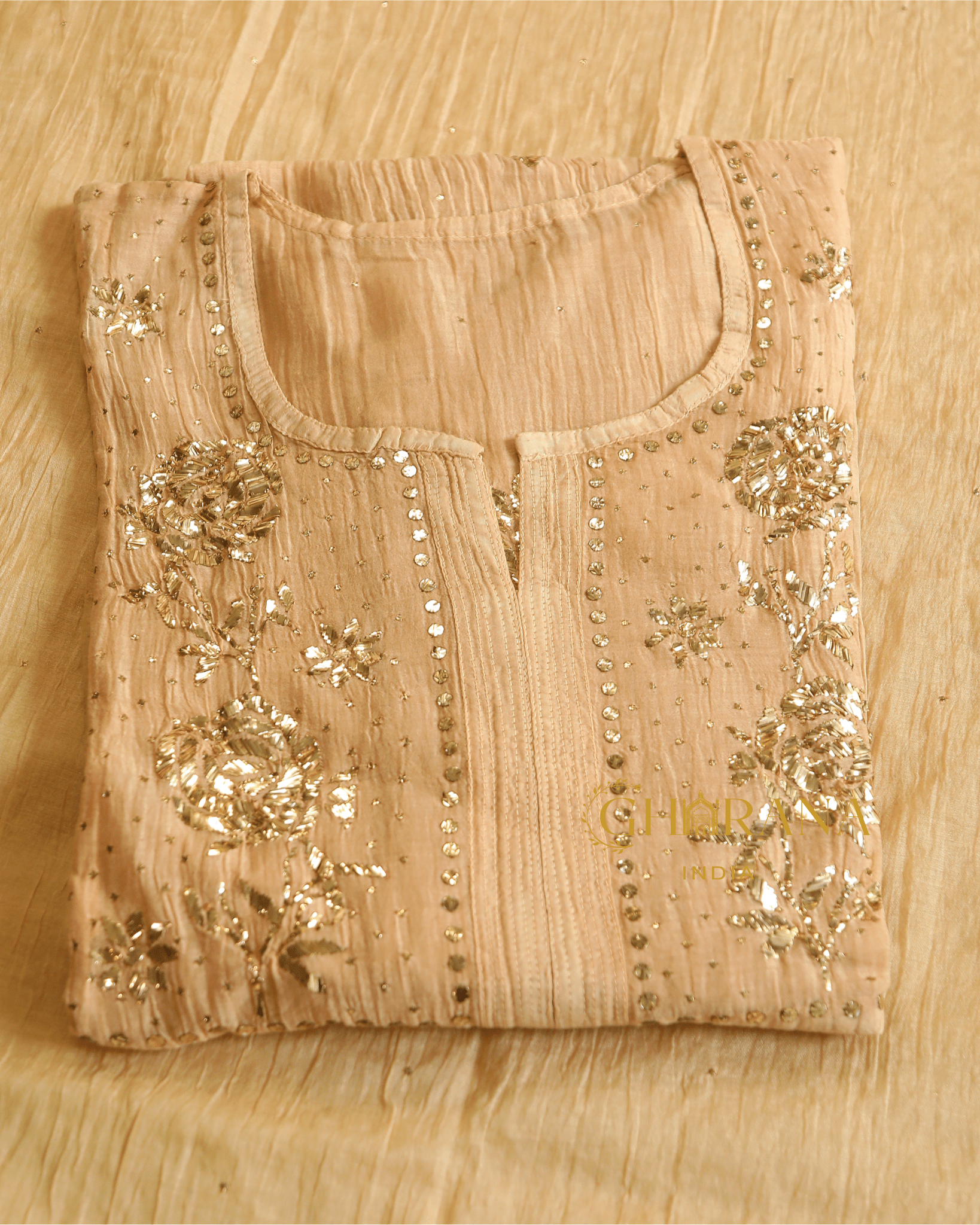 Premium Mulchanderi 3 PC Semi stitched Tunic, Dupatta & Bottom in Kamdani work-Light Beige Gharana