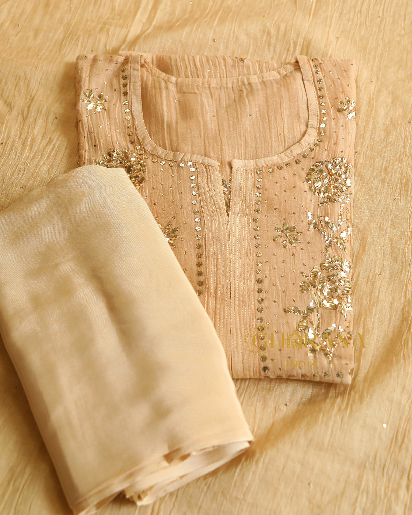 Premium Mulchanderi 3 PC Semi stitched Tunic, Dupatta & Bottom in Kamdani work-Light Beige Gharana