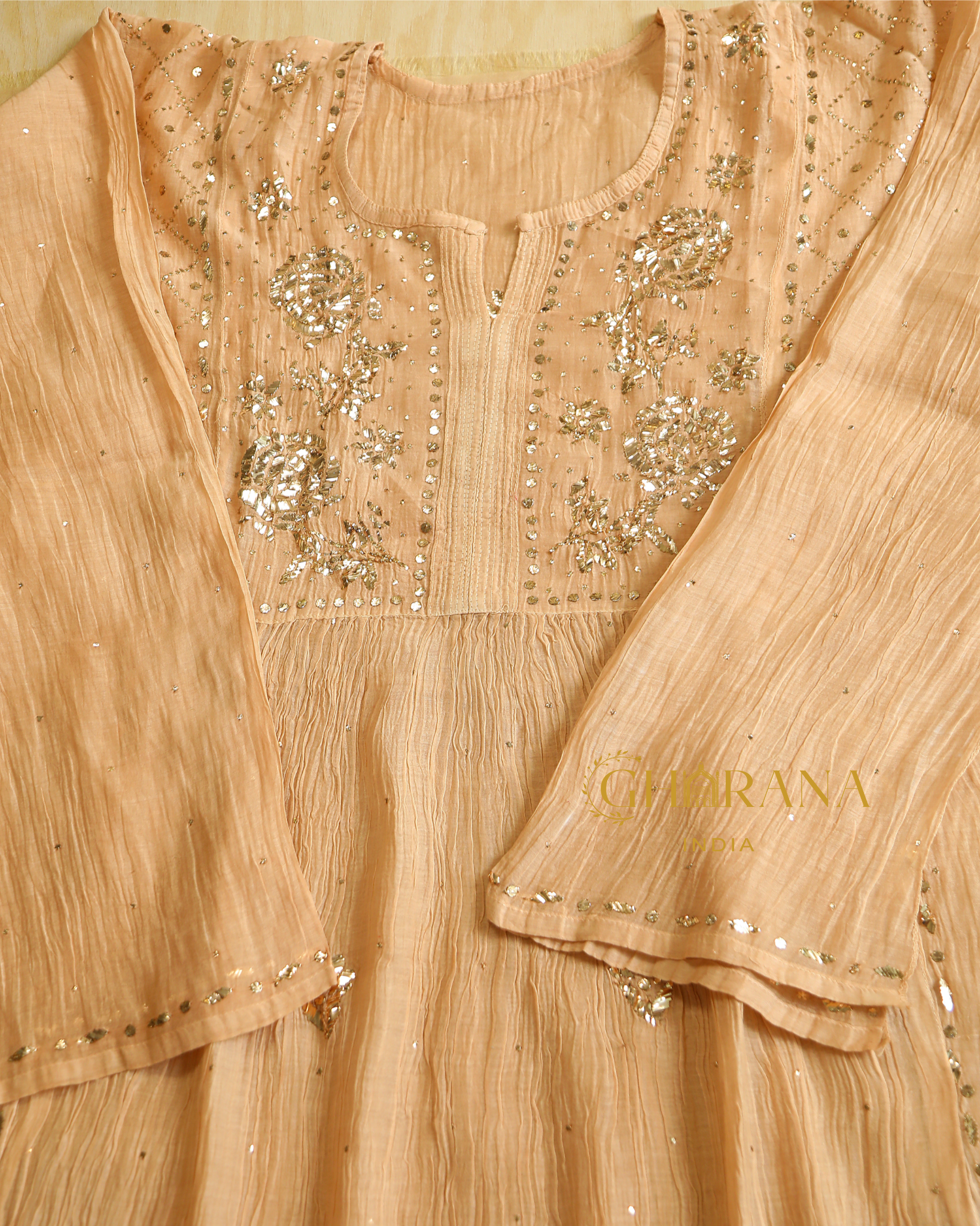 Premium Mulchanderi 3 PC Semi stitched Tunic, Dupatta & Bottom in Kamdani work-Light Beige Gharana