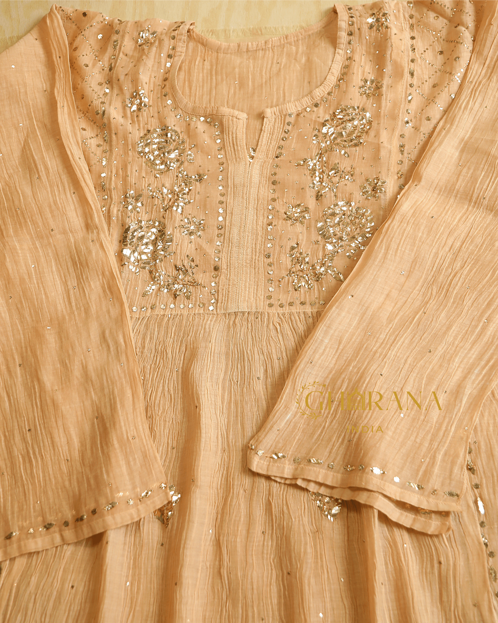 Premium Mulchanderi 3 PC Semi stitched Tunic, Dupatta & Bottom in Kamdani work-Light Beige Gharana