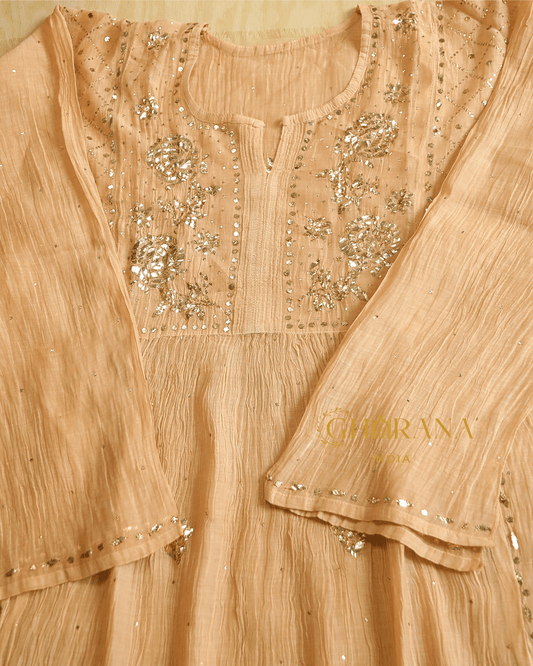 Premium Mulchanderi 3 PC Semi stitched Tunic, Dupatta & Bottom in Kamdani work-Light Beige Gharana