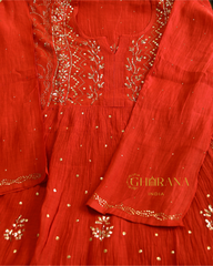 Premium Mulchanderi 3 PC Semi stitched Tunic, Dupatta & Bottom in Kamdani work-Bright Red Gharana