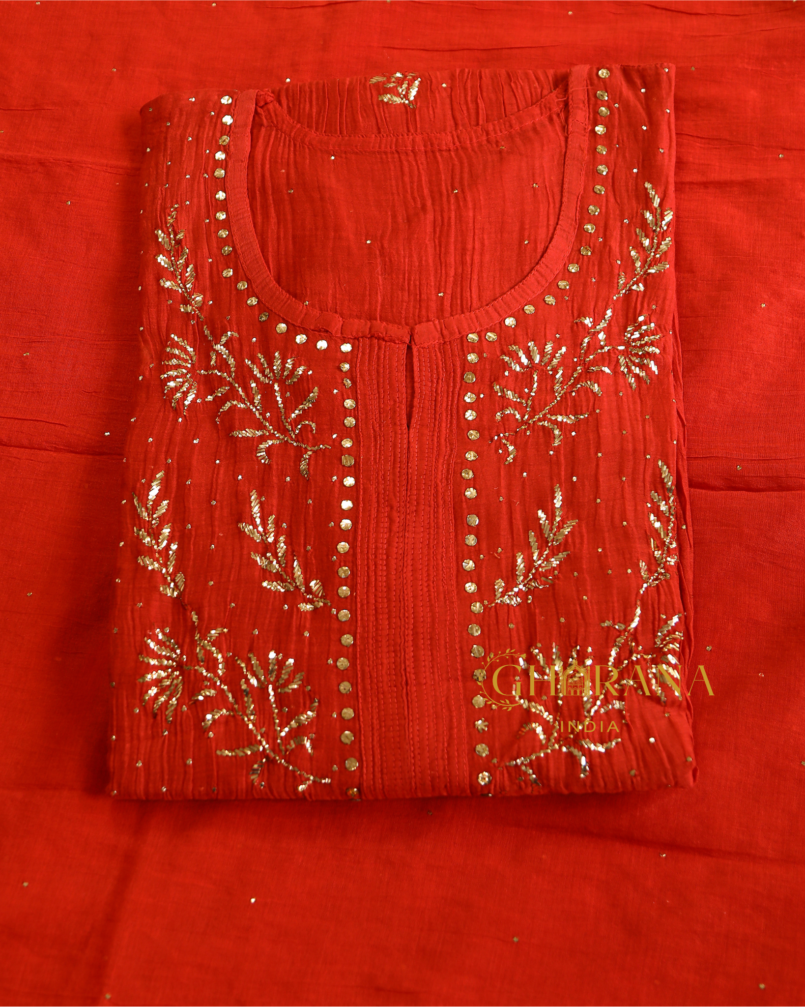 Premium Mulchanderi 3 PC Semi stitched Tunic, Dupatta & Bottom in Kamdani work-Bright Red Gharana