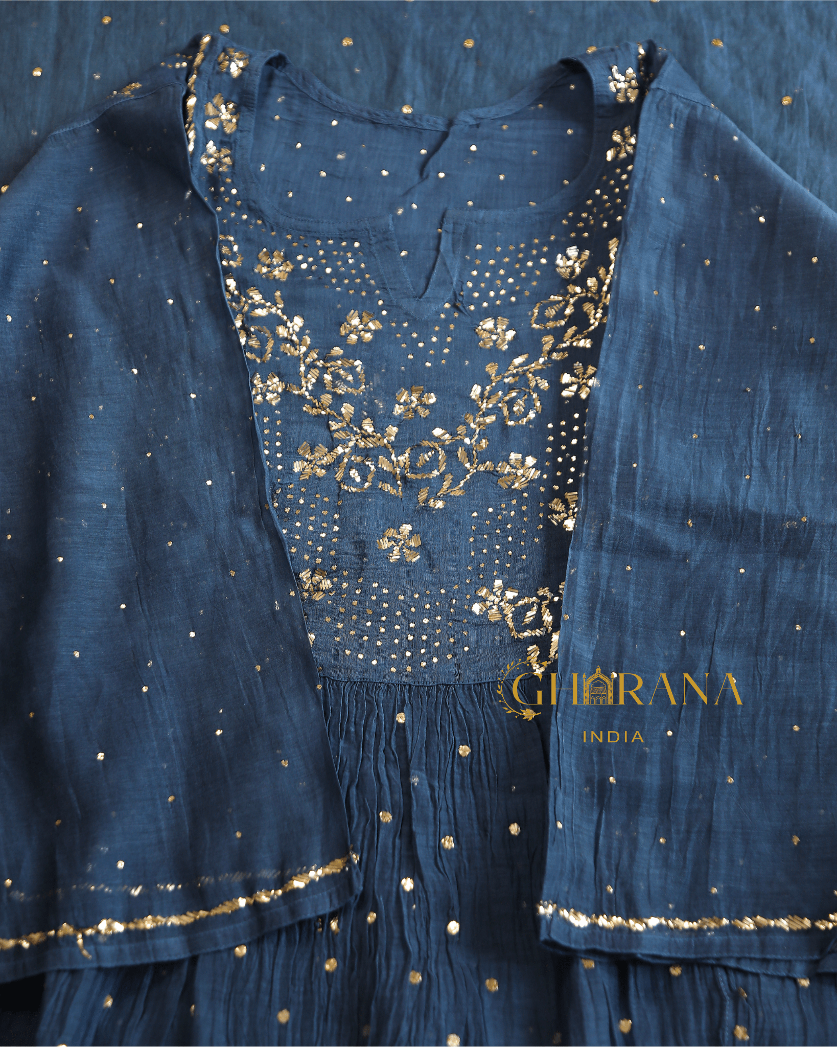 Premium Mulchanderi 3 PC Semi stitched Tunic, Dupatta & Bottom in Kamdani work-Cobalt Blue Gharana