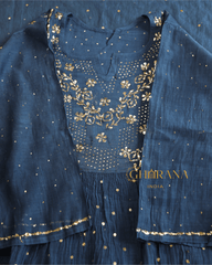 Premium Mulchanderi 3 PC Semi stitched Tunic, Dupatta & Bottom in Kamdani work-Cobalt Blue Gharana