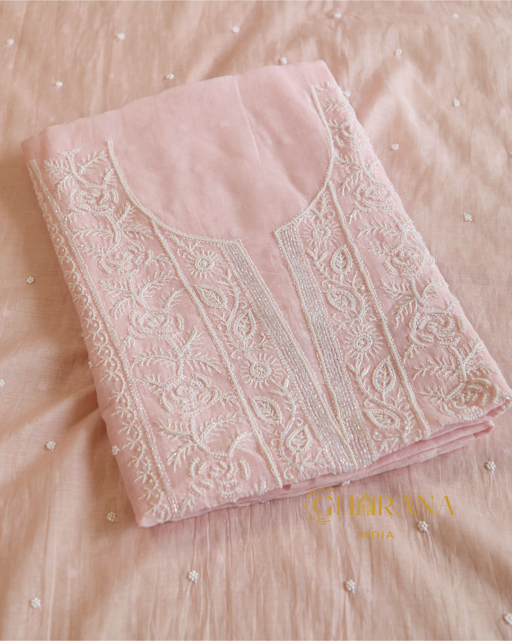 Premium Mulchanderi 3 PC Unstitched Kurta, Dupatta and Bottom Set in Pearl, Katdana Jaal work-Light Pink Gharana