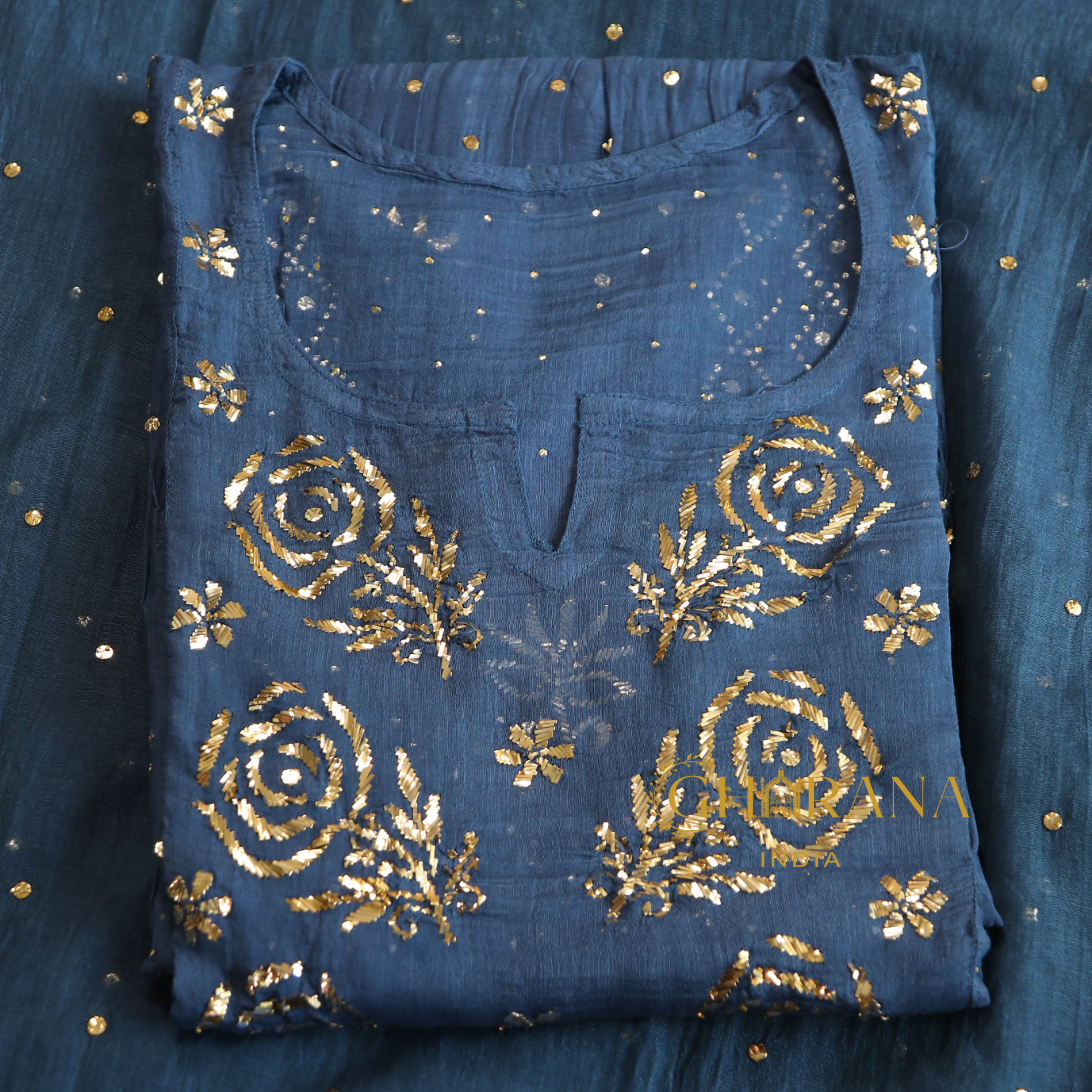 Premium Mulchanderi 3 PC Semi stitched Tunic, Dupatta & Bottom in Kamdani work-Cobalt Blue Gharana