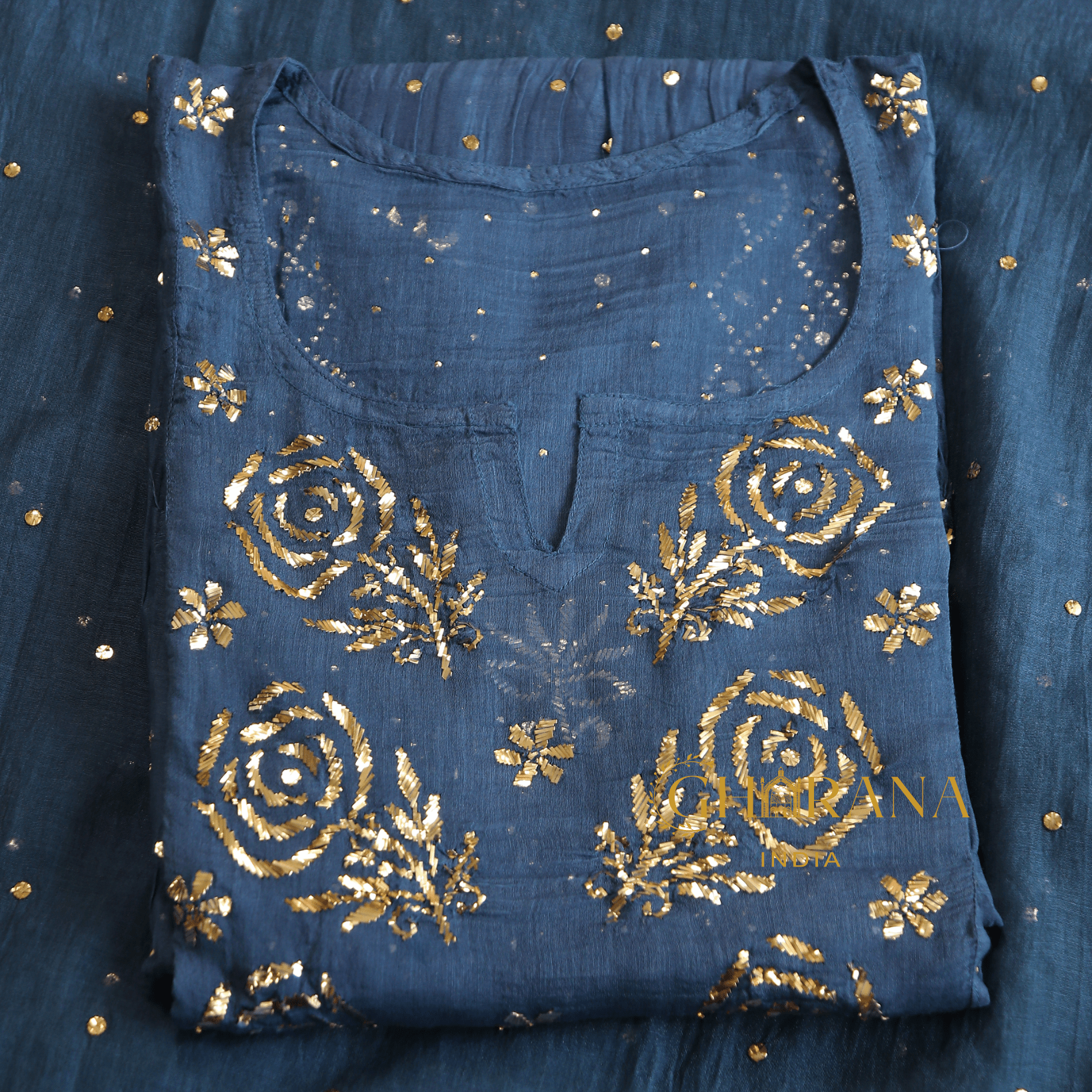 Premium Mulchanderi 3 PC Semi stitched Tunic, Dupatta & Bottom in Kamdani work-Cobalt Blue Gharana