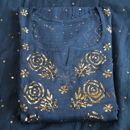 Premium Mulchanderi 3 PC Semi stitched Tunic, Dupatta & Bottom in Kamdani work-Cobalt Blue Gharana
