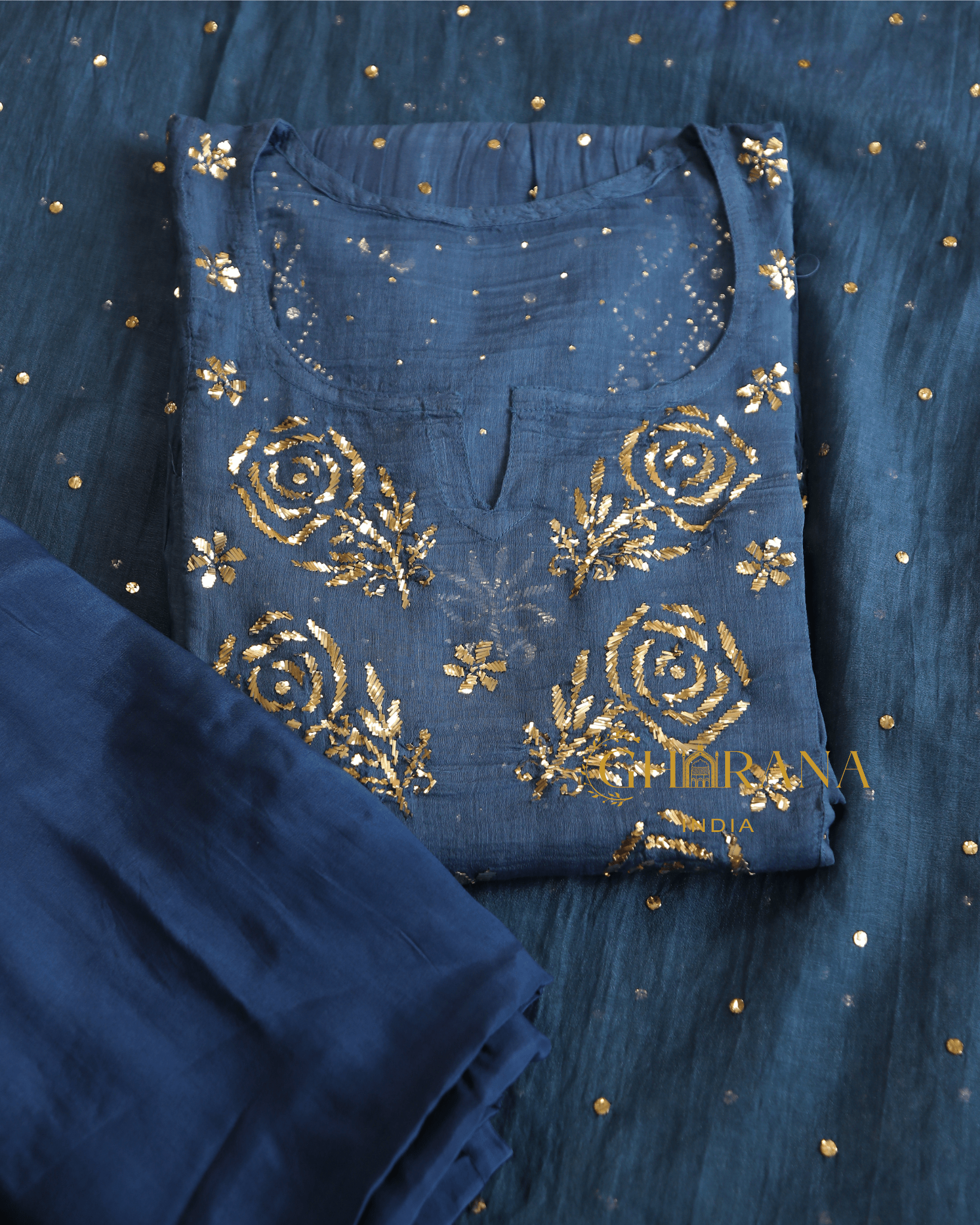 Premium Mulchanderi 3 PC Semi stitched Tunic, Dupatta & Bottom in Kamdani work-Cobalt Blue Gharana