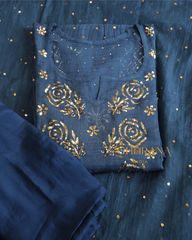 Premium Mulchanderi 3 PC Semi stitched Tunic, Dupatta & Bottom in Kamdani work-Cobalt Blue Gharana