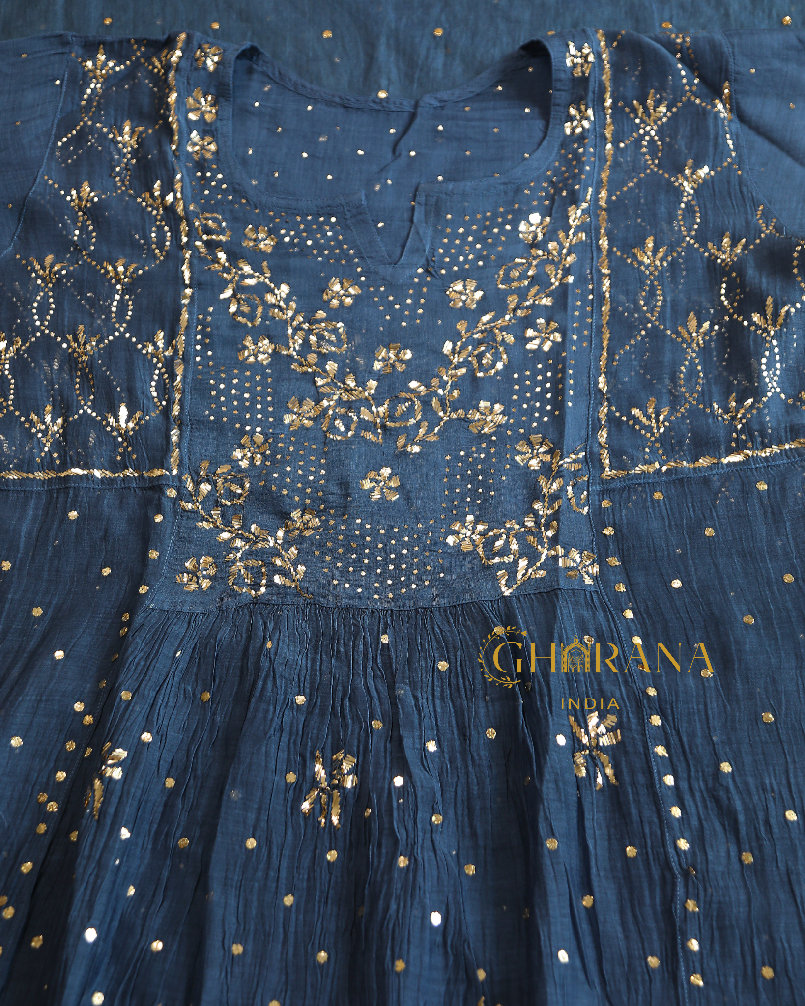 Premium Mulchanderi 3 PC Semi stitched Tunic, Dupatta & Bottom in Kamdani work-Cobalt Blue Gharana