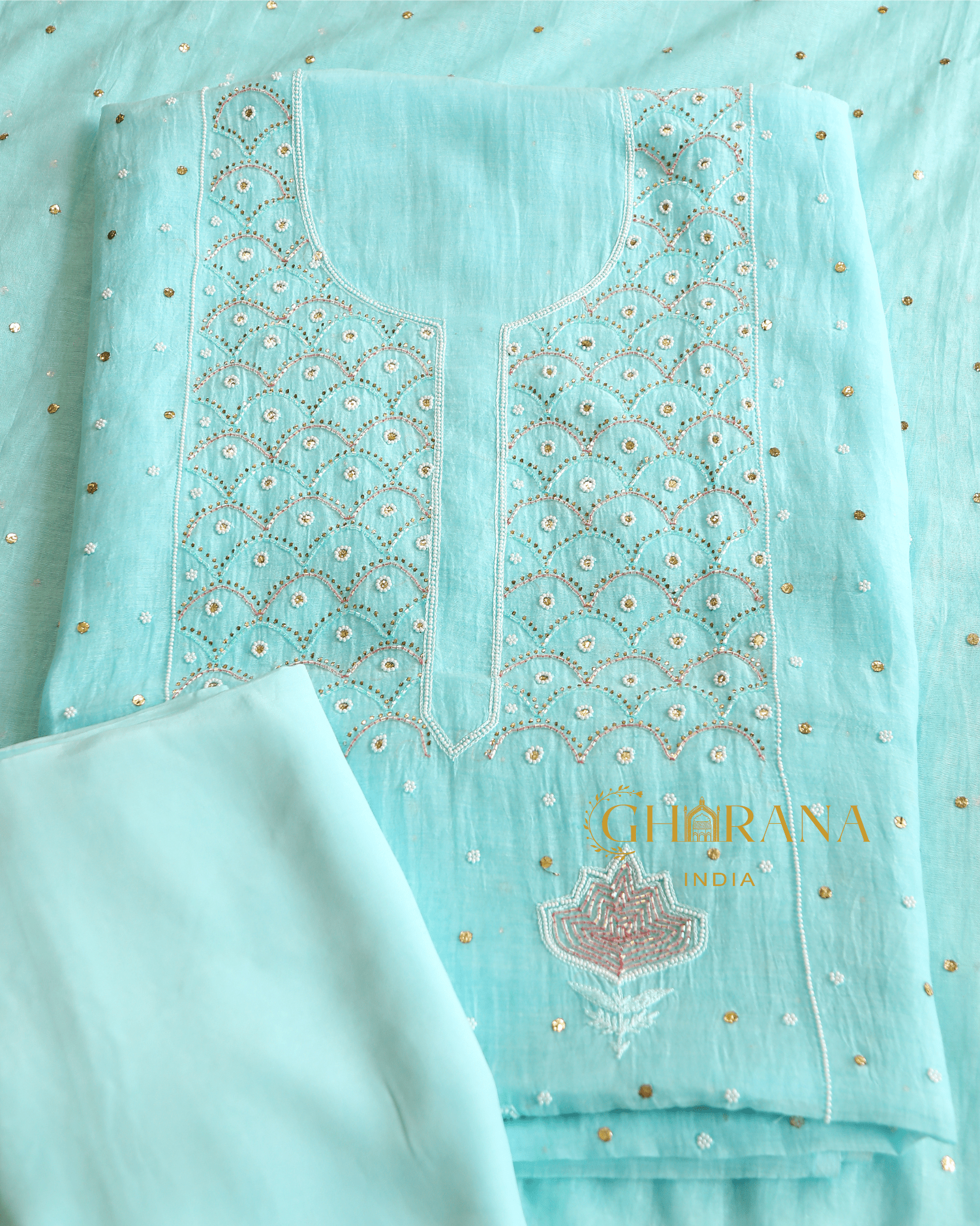 Premium Mulchanderi 3 PC Unstitched Kurta, Dupatta & Bottom Set in Pearl, Katdana, Mukaish in Jaal – Turquoise Gharana