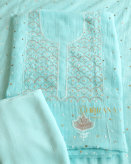 Premium Mulchanderi 3 PC Unstitched Kurta, Dupatta & Bottom Set in Pearl, Katdana, Mukaish in Jaal – Turquoise Gharana