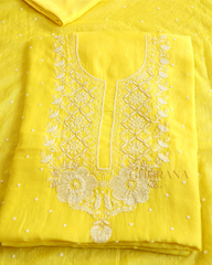 Premium Mulchanderi 3 PC Unstitched Kurta and Dupatta and Bottom Set in Pearl Katdana and Mukaish work-Yellow Gharana