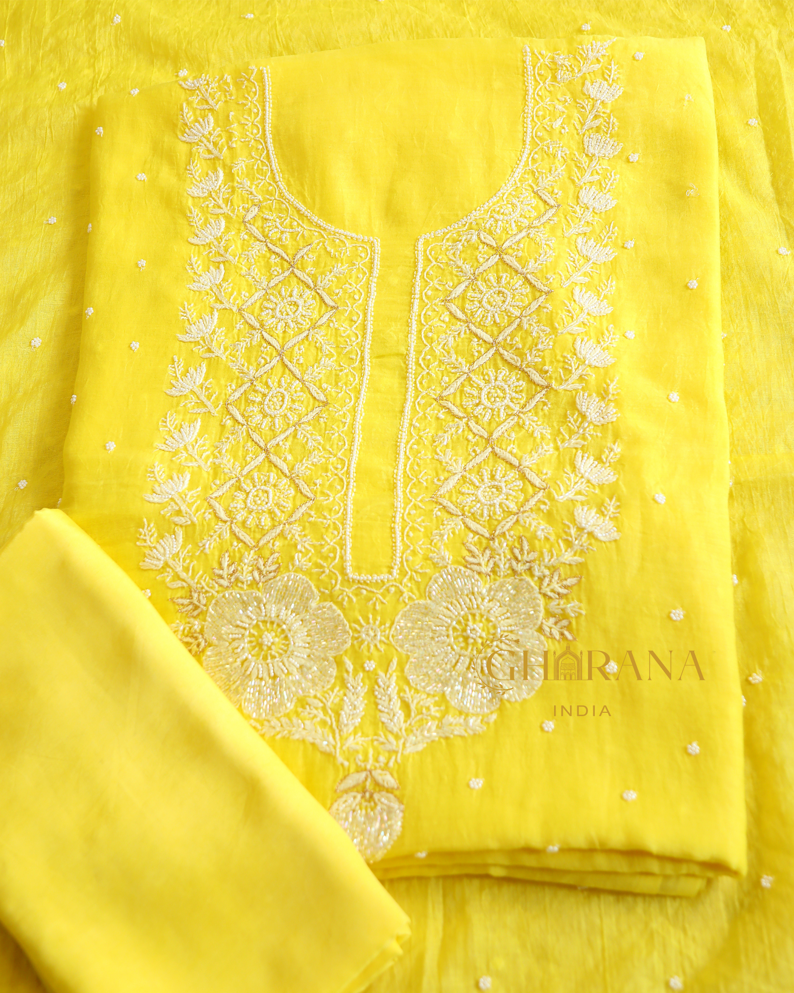Premium Mulchanderi 3 PC Unstitched Kurta and Dupatta and Bottom Set in Pearl Katdana and Mukaish work-Yellow Gharana