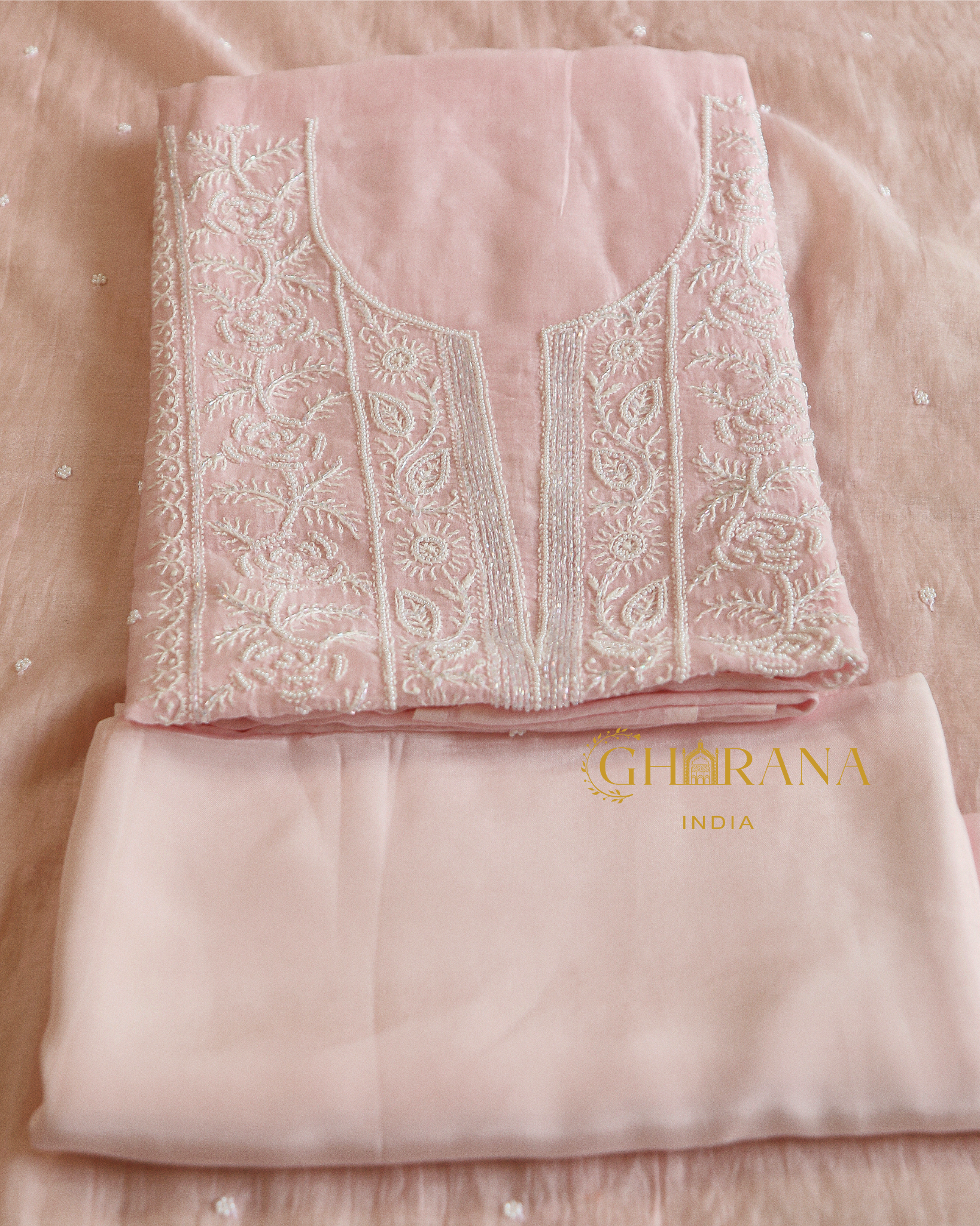 Premium Mulchanderi 3 PC Unstitched Kurta, Dupatta and Bottom Set in Pearl, Katdana Jaal work-Light Pink Gharana