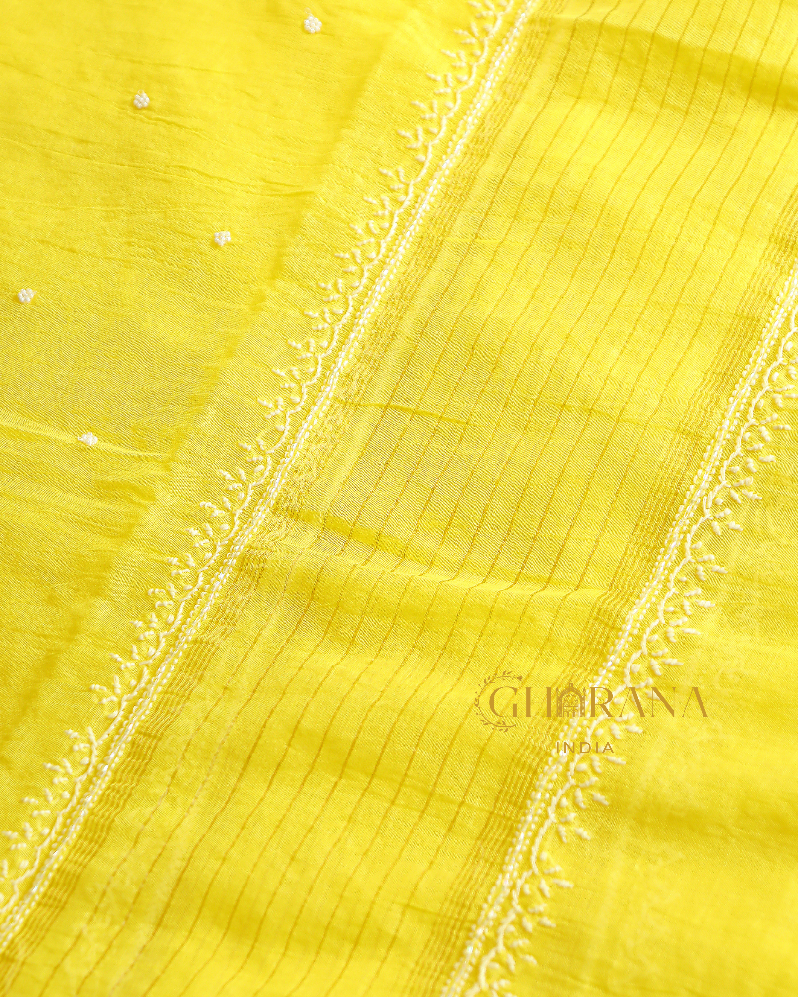 Premium Mulchanderi 3 PC Unstitched Kurta and Dupatta and Bottom Set in Pearl Katdana and Mukaish work-Yellow Gharana