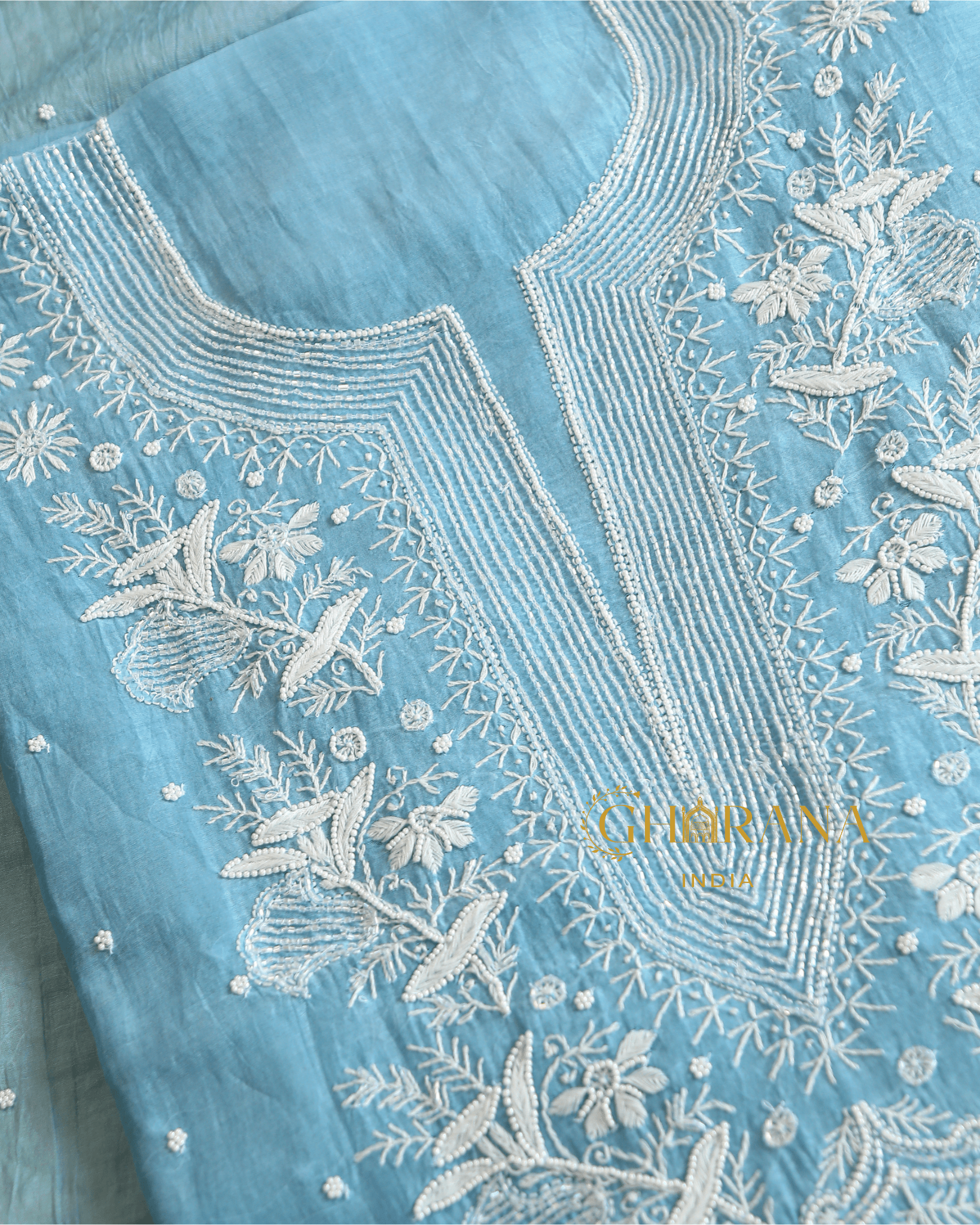 Premium Mulchanderi 3 PC Unstitched Kurta, Dupatta and Bottom Set in Pearl, Katdana Jaal work-Powder Blue Gharana
