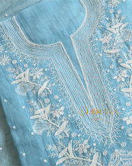 Premium Mulchanderi 3 PC Unstitched Kurta, Dupatta and Bottom Set in Pearl, Katdana Jaal work-Powder Blue Gharana