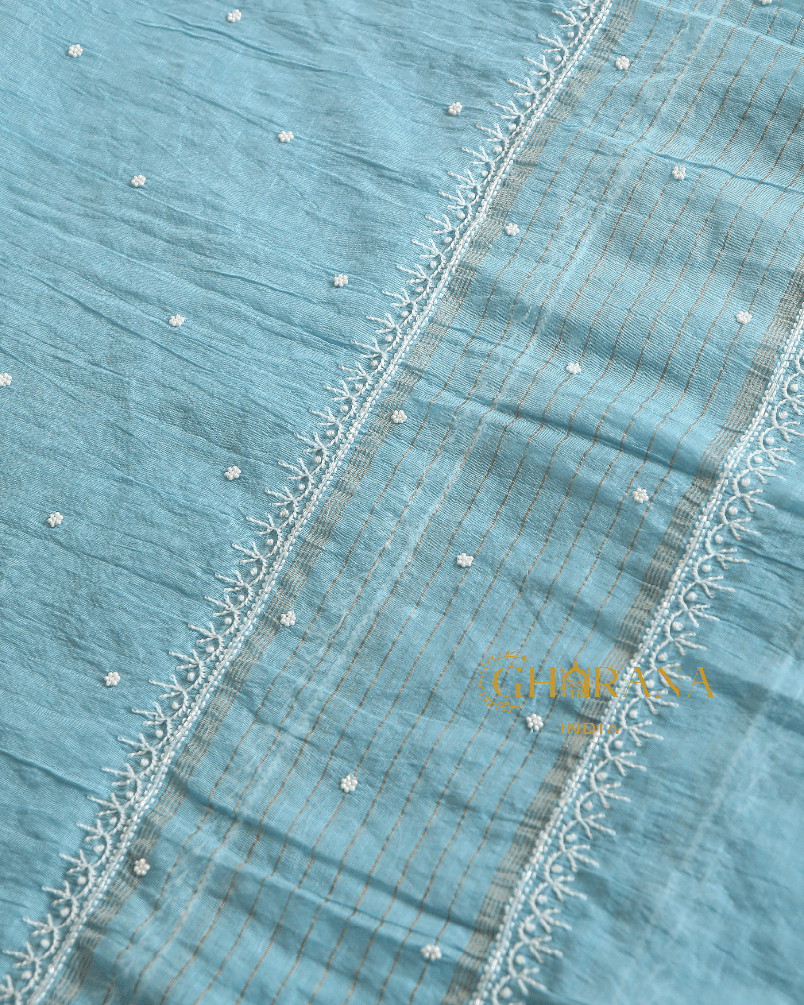 Premium Mulchanderi 3 PC Unstitched Kurta, Dupatta and Bottom Set in Pearl, Katdana Jaal work-Powder Blue Gharana