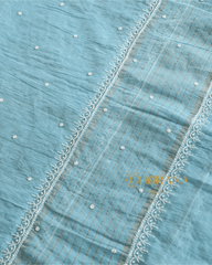 Premium Mulchanderi 3 PC Unstitched Kurta, Dupatta and Bottom Set in Pearl, Katdana Jaal work-Powder Blue Gharana