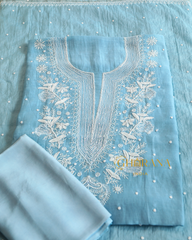 Premium Mulchanderi 3 PC Unstitched Kurta, Dupatta and Bottom Set in Pearl, Katdana Jaal work-Powder Blue Gharana