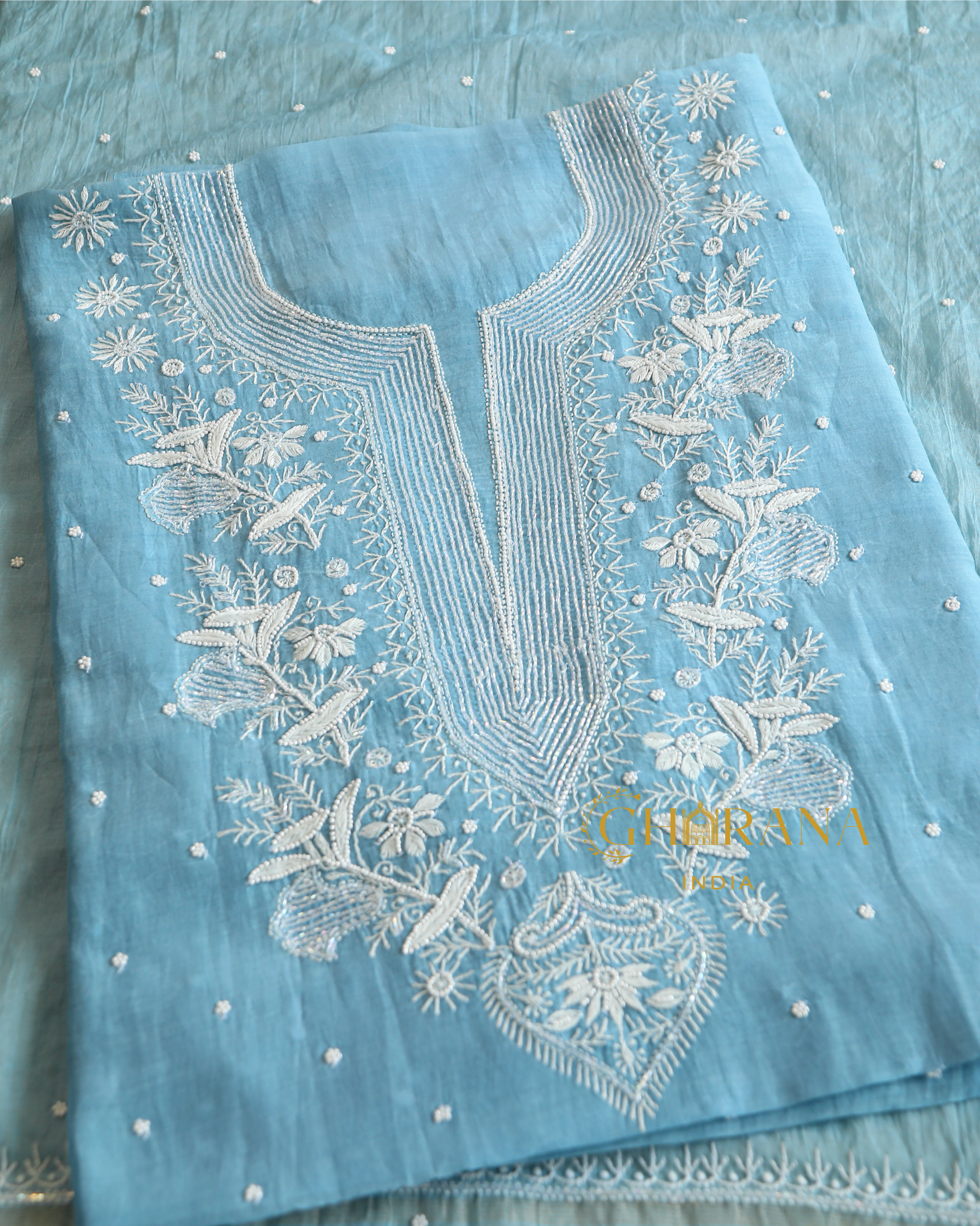 Premium Mulchanderi 3 PC Unstitched Kurta, Dupatta and Bottom Set in Pearl, Katdana Jaal work-Powder Blue Gharana