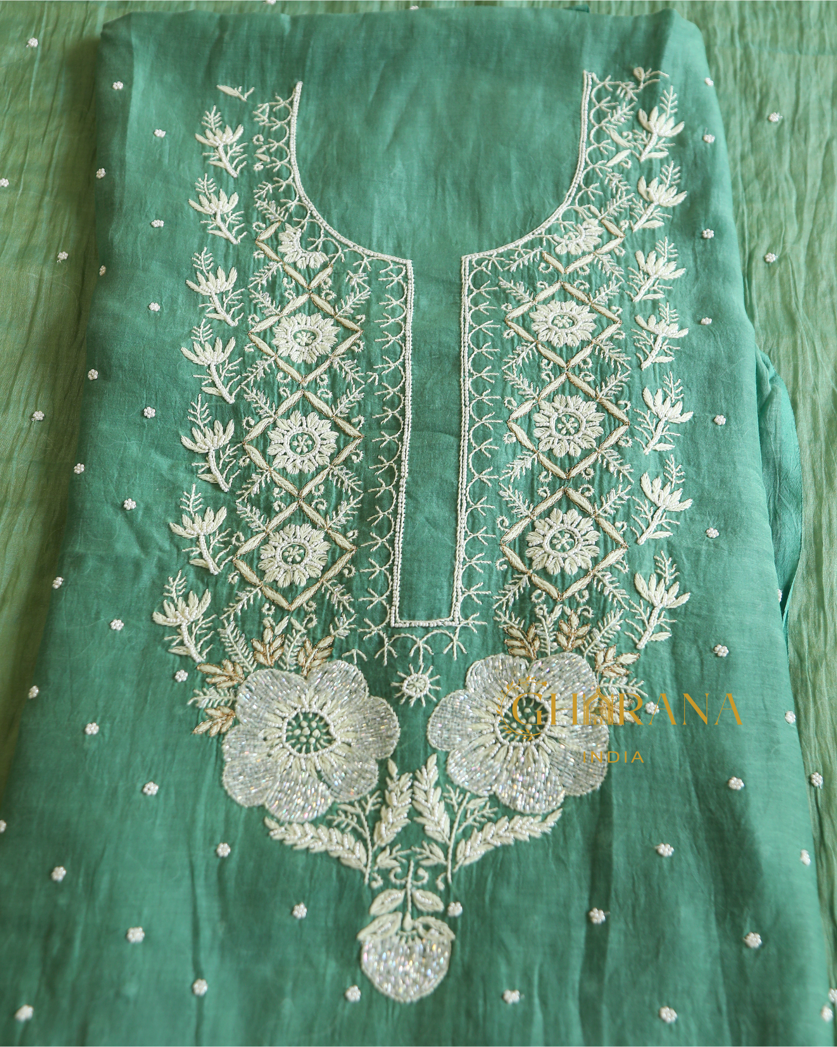 Premium Mulchanderi 3 PC Unstitched Kurta and Dupatta and Bottom Set in Pearl Katdana and Mukaish work-Sage Green Gharana