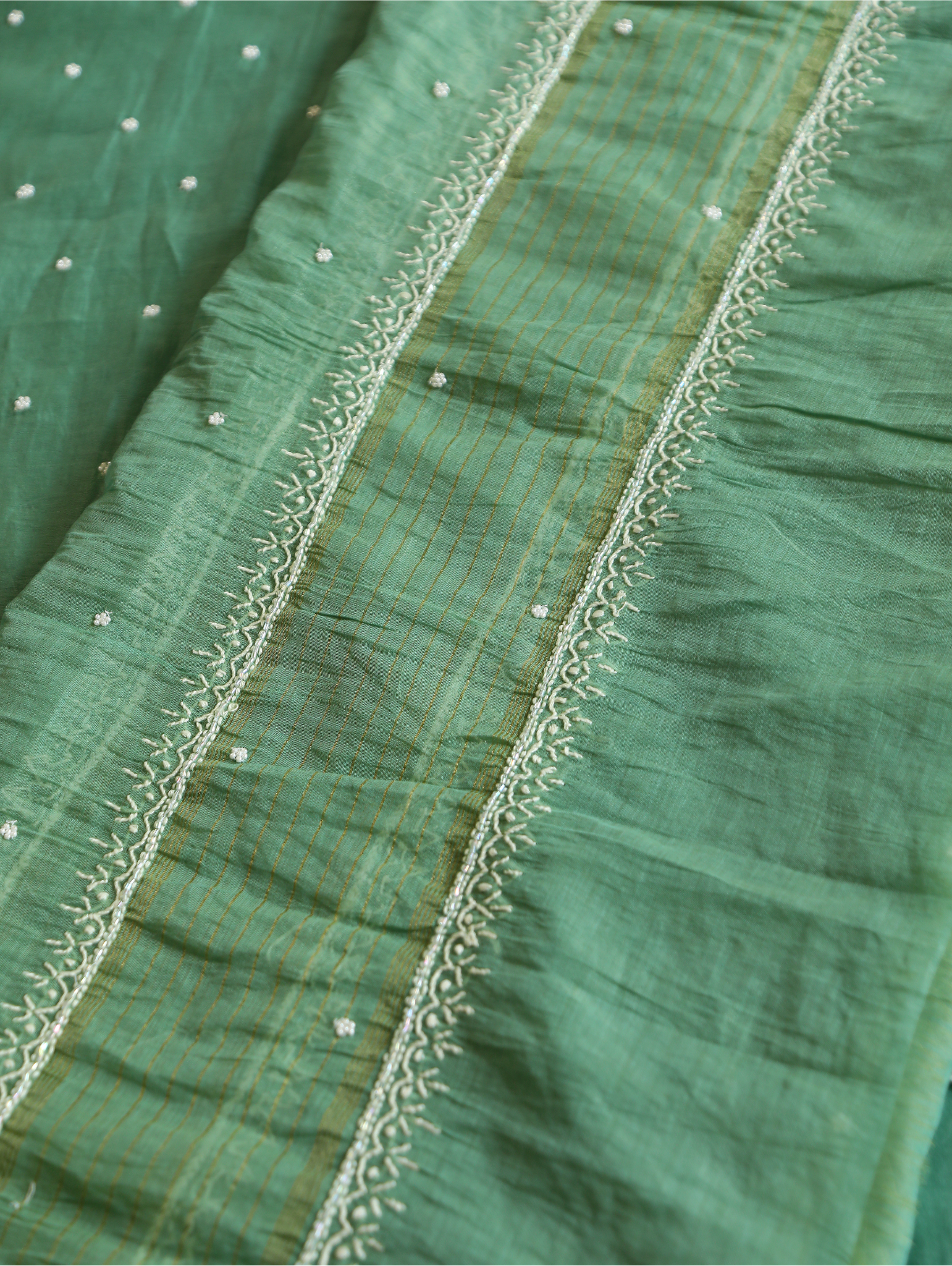 Premium Mulchanderi 3 PC Unstitched Kurta and Dupatta and Bottom Set in Pearl Katdana and Mukaish work-Sage Green Gharana