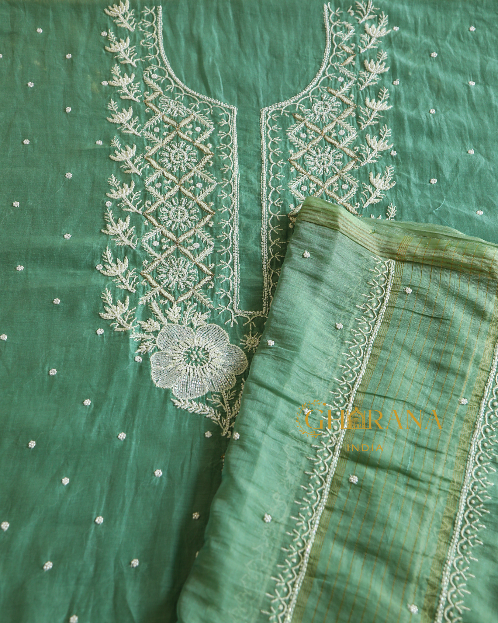 Premium Mulchanderi 3 PC Unstitched Kurta and Dupatta and Bottom Set in Pearl Katdana and Mukaish work-Sage Green Gharana