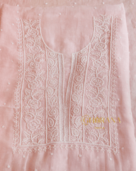 Premium Mulchanderi 3 PC Unstitched Kurta, Dupatta and Bottom Set in Pearl, Katdana Jaal work-Light Pink Gharana