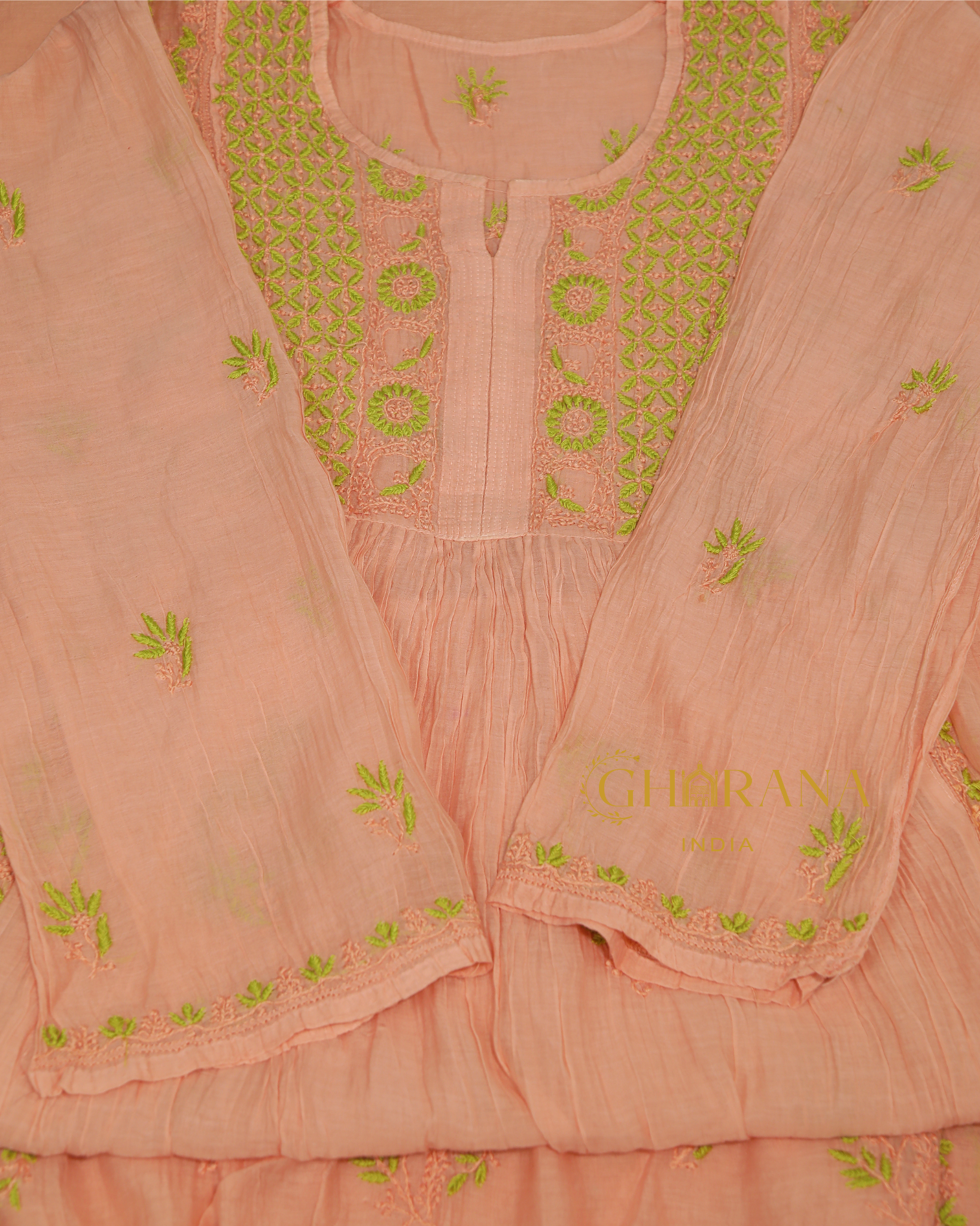Premium Mulchanderi Chikankari Semi Stitched 2 piece Tunic and Dupatta set – Peach Gharana