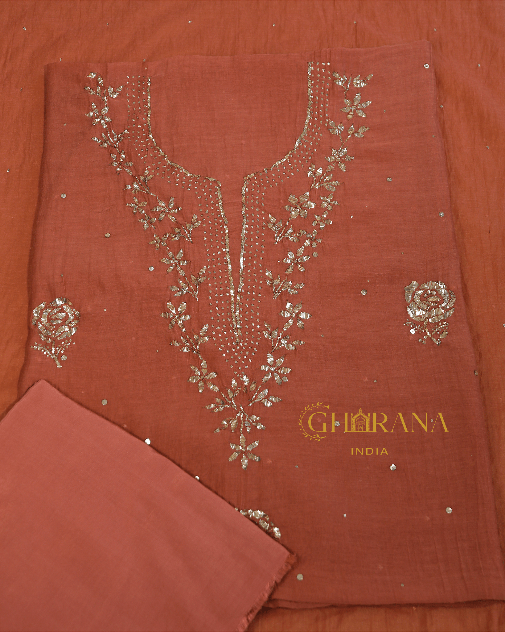 Premium Mulchanderi 3 PC Unstitched Tunic, Dupatta & Bottom in Kamdani work-Rust Orange Gharana