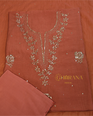 Premium Mulchanderi 3 PC Unstitched Tunic, Dupatta & Bottom in Kamdani work-Rust Orange Gharana
