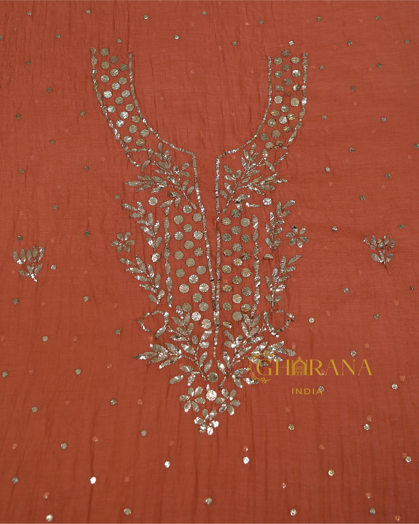 Fancy Mulchanderi 3 PC Unstitched Suit | Kamdani Work | Rust Orange | Gharana India